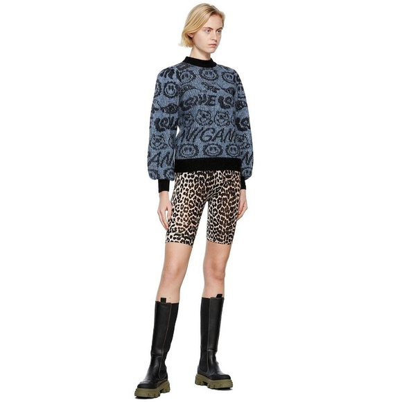 Ganni Smiley Logo Intarsia Wool Knit Puff Sleeve Jumper Sweater - Picture 7 of 12